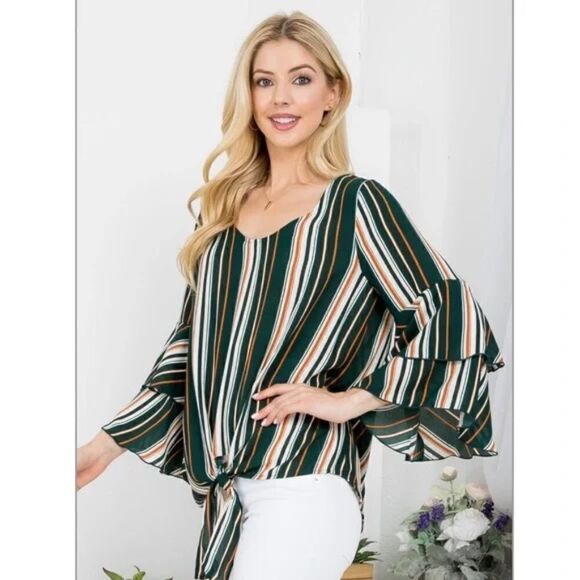 NEW Multi-Colored Tie Front Ruffled Long Sleeve Top - Picture 6 of 6